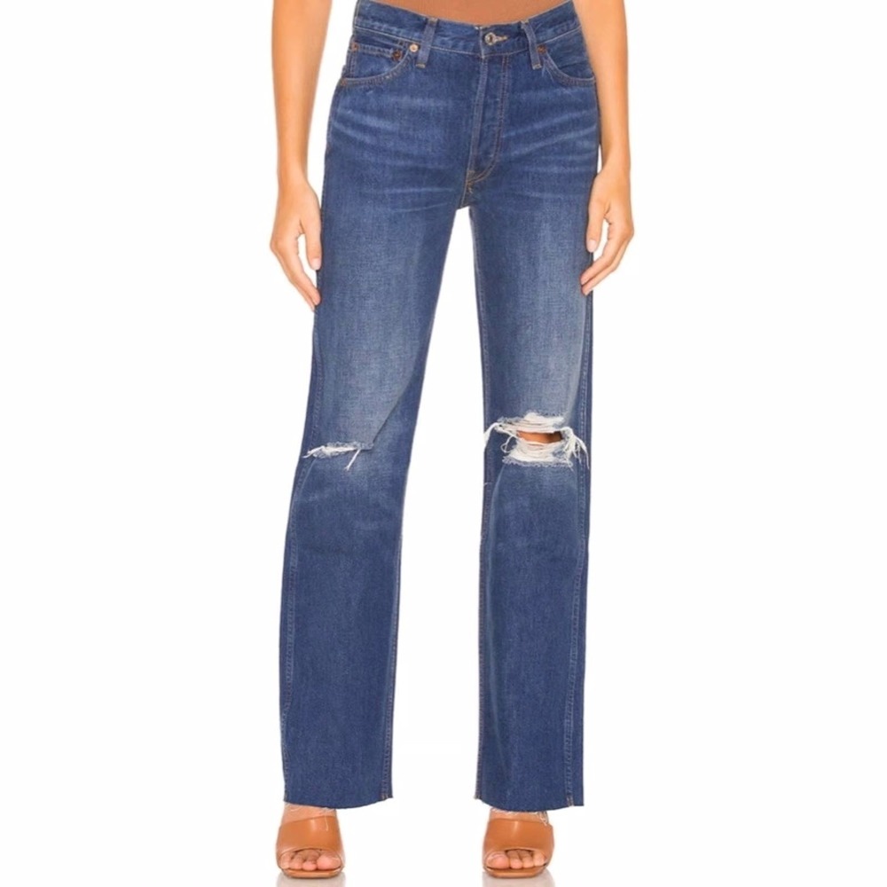 RE/DONE Originals 90s High Rise Loose in Destroyed Broken Blue‎ Jeans Size 26